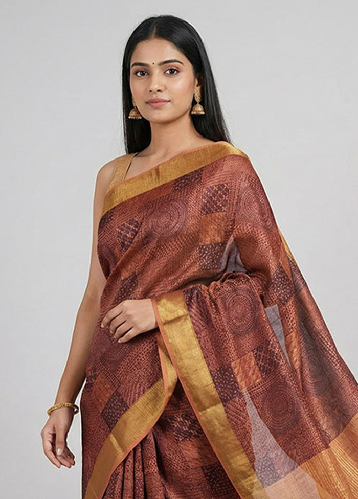Maroon Handloom Tussar Pure Silk Saree With Blouse Piece