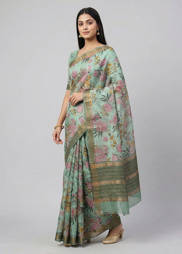 Green Handloom Tussar Pure Silk Saree With Blouse Piece