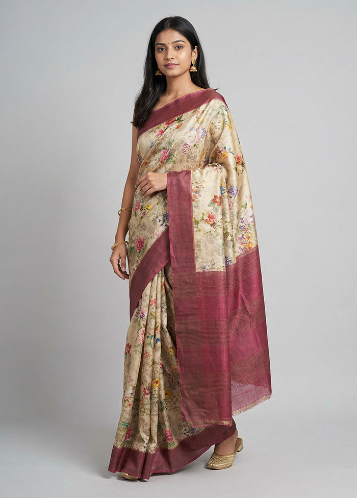 Cream Handloom Tussar Pure Silk Saree With Blouse Piece
