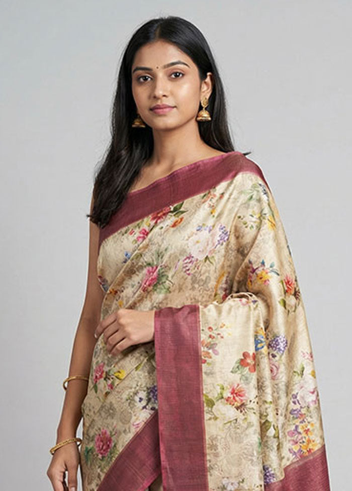 Cream Handloom Tussar Pure Silk Saree With Blouse Piece