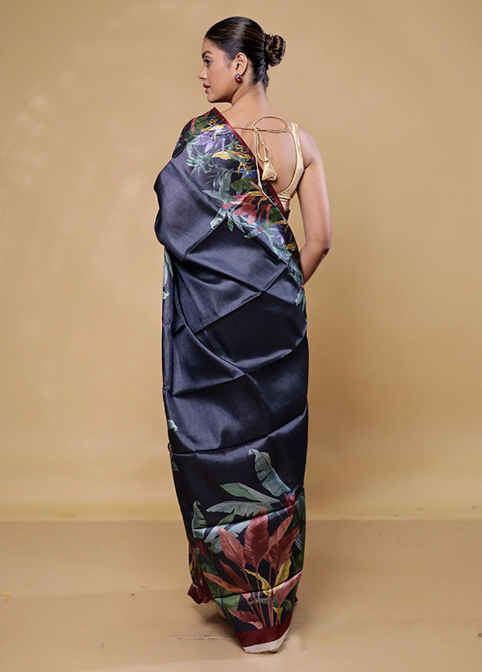 Black Handloom Tussar Pure Silk Saree With Blouse Piece