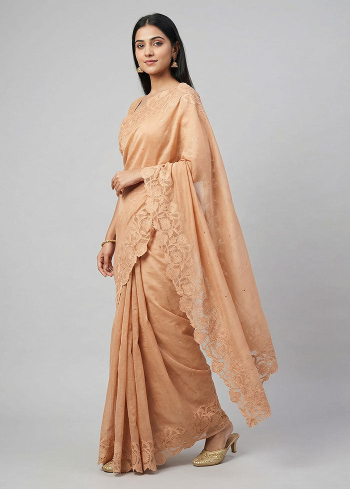 Cream Handloom Tussar Pure Silk Saree With Blouse Piece