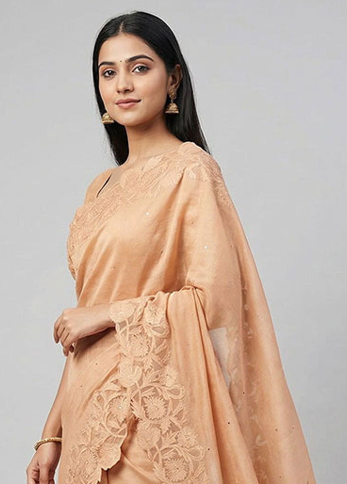 Cream Handloom Tussar Pure Silk Saree With Blouse Piece