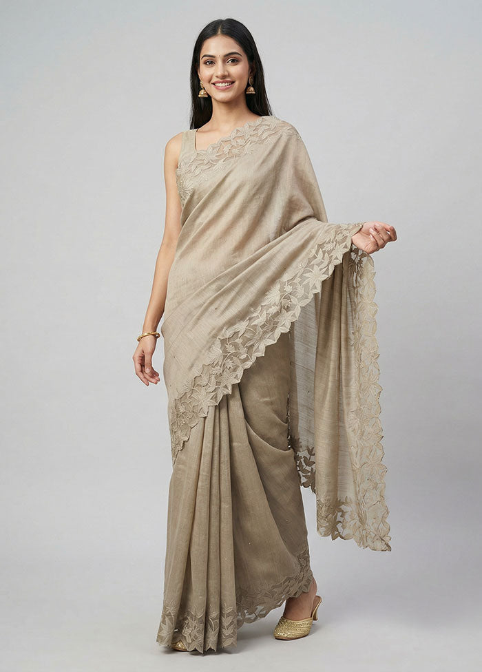 Green Handloom Tussar Pure Silk Saree With Blouse Piece