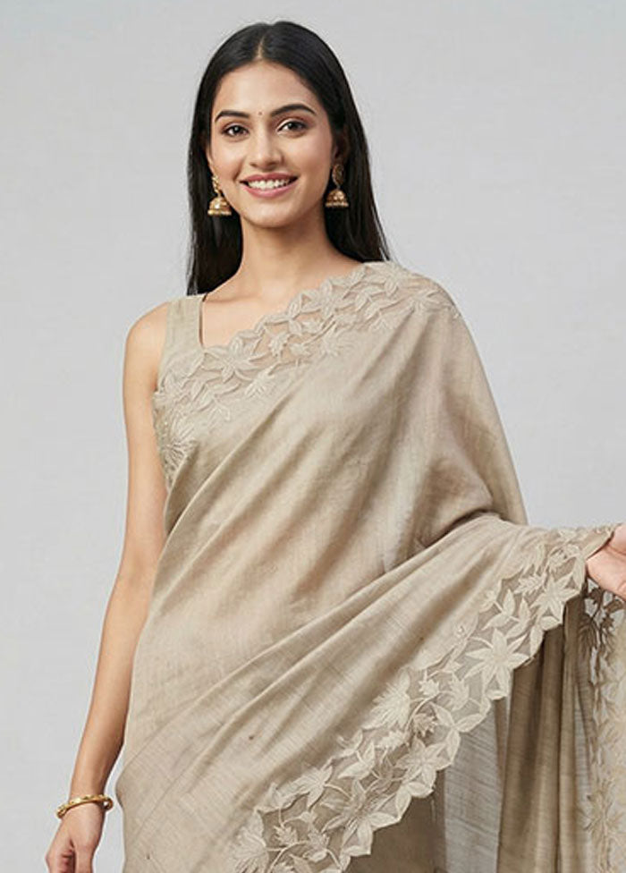 Green Handloom Tussar Pure Silk Saree With Blouse Piece