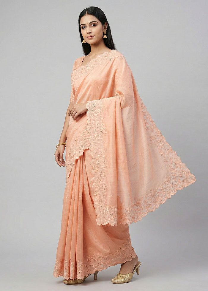 Peach Handloom Tussar Pure Silk Saree With Blouse Piece