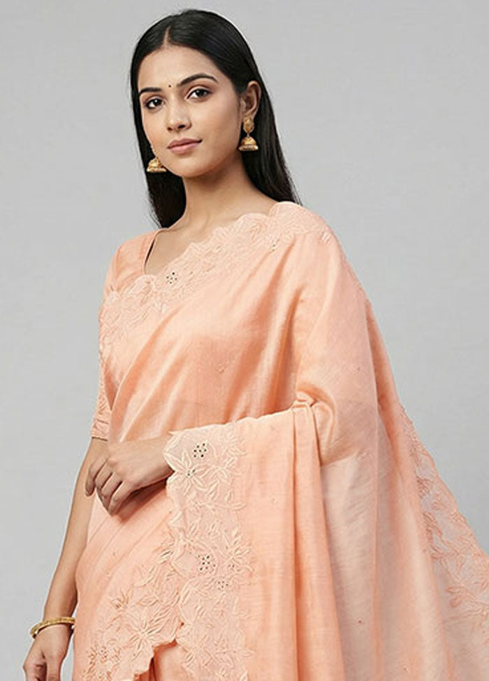 Peach Handloom Tussar Pure Silk Saree With Blouse Piece