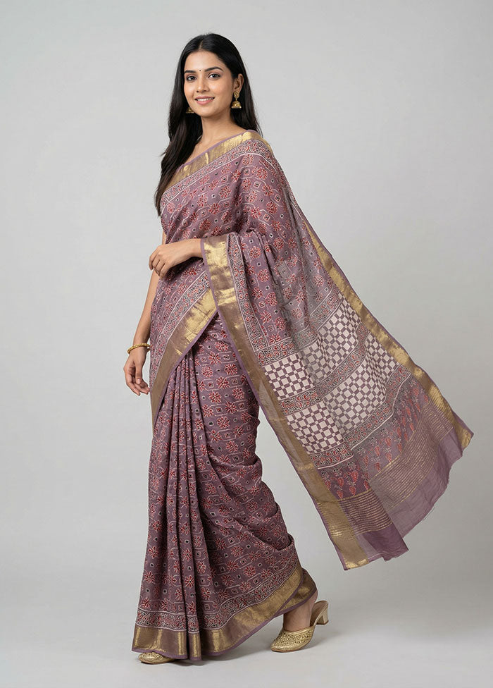Purple Printed Silk Saree Without Blouse Piece