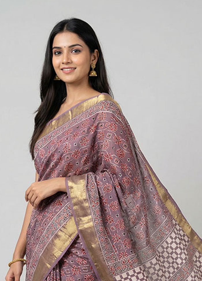 Purple Printed Silk Saree Without Blouse Piece