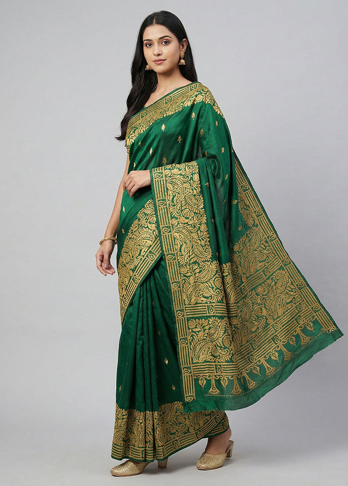 Green Kantha Stitch Silk Saree With Blouse Piece