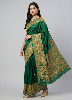 Green Kantha Stitch Silk Saree With Blouse Piece