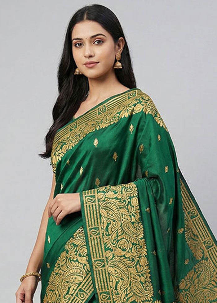 Green Kantha Stitch Silk Saree With Blouse Piece