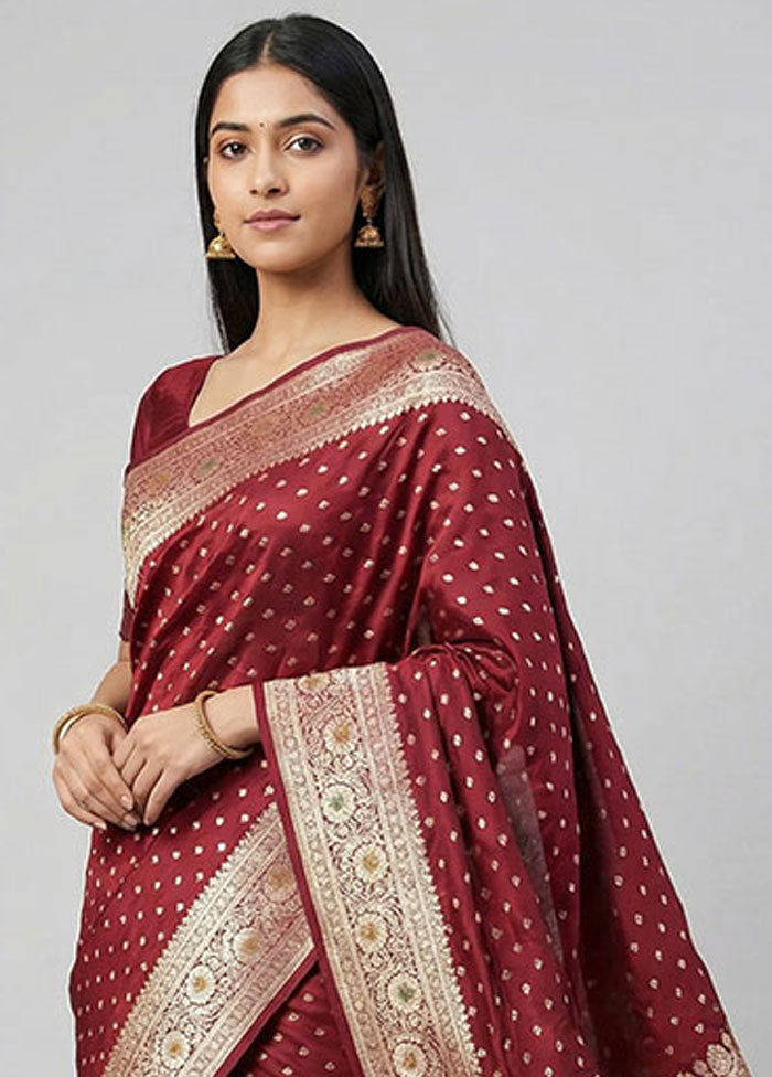 Maroon Banarasi Silk Saree With Blouse Piece