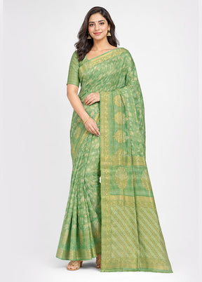 Green Cotton Saree With Blouse Piece
