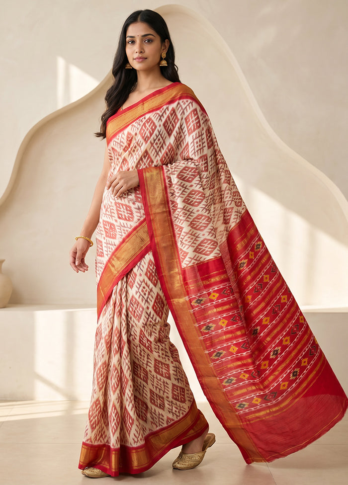 Cream Handloom Ikkat Pure Silk Saree With Blouse Piece