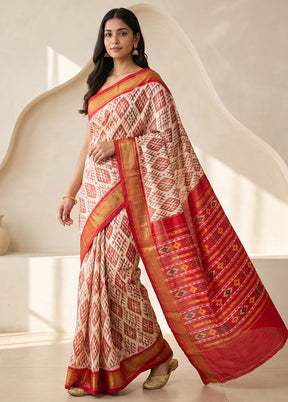 Cream Handloom Ikkat Pure Silk Saree With Blouse Piece