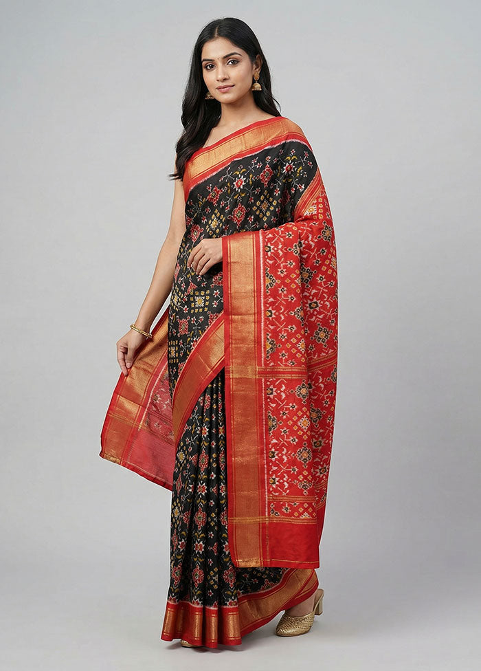 Black Handloom Ikkat Pure Silk Saree With Blouse Piece