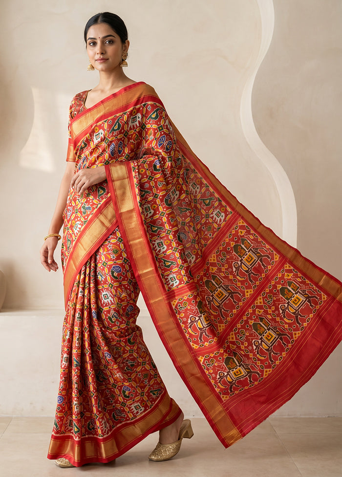 Red Handloom Ikkat Pure Silk Saree With Blouse Piece