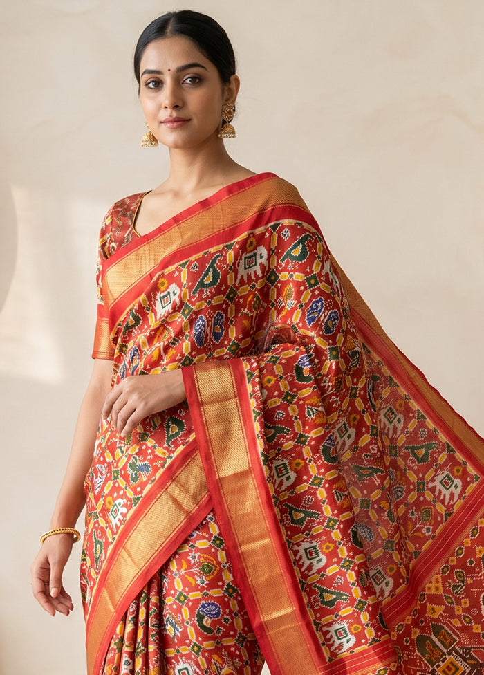 Red Handloom Ikkat Pure Silk Saree With Blouse Piece