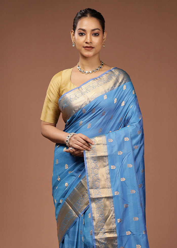 Blue Kanjivaram Silk Saree With Blouse Piece