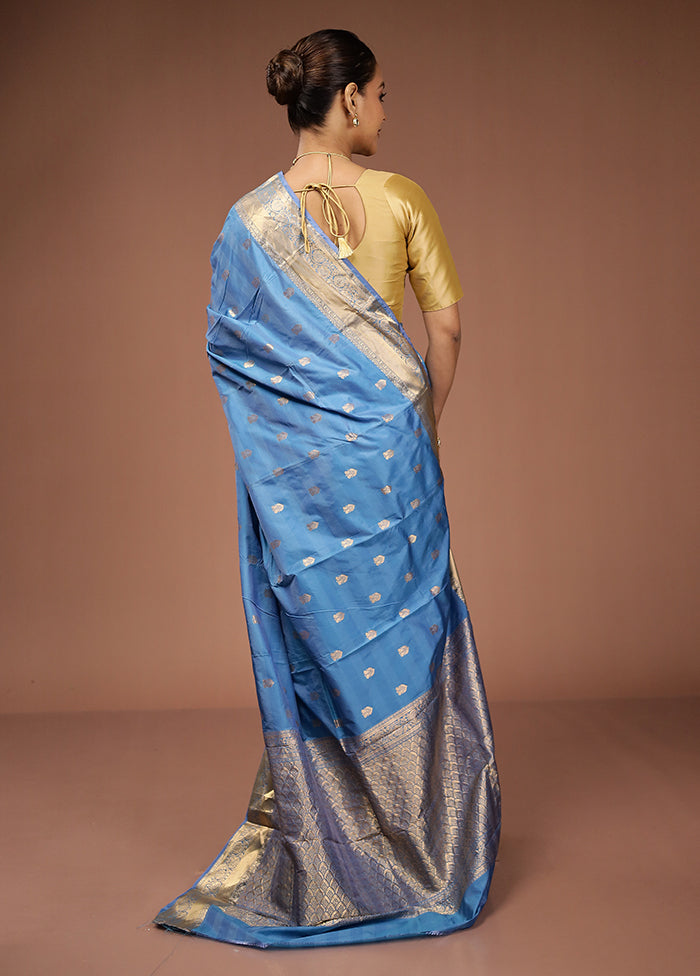 Blue Kanjivaram Silk Saree With Blouse Piece