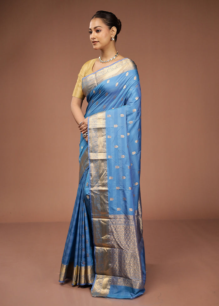 Blue Kanjivaram Silk Saree With Blouse Piece