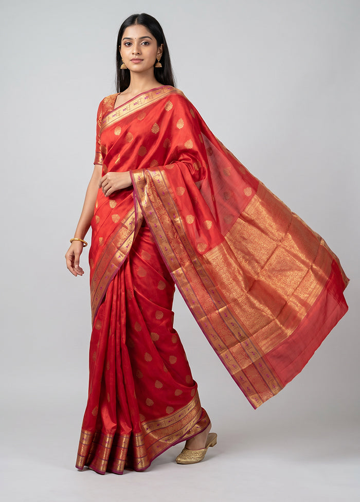 Red Handloom Dupion Pure Silk Saree With Blouse Piece