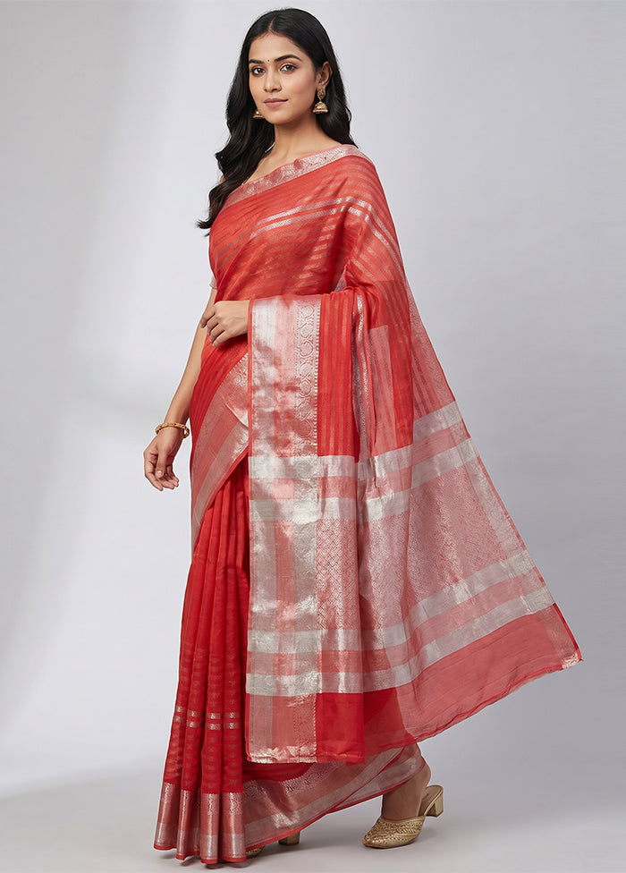 Red Handloom Dupion Silk Saree With Blouse Piece