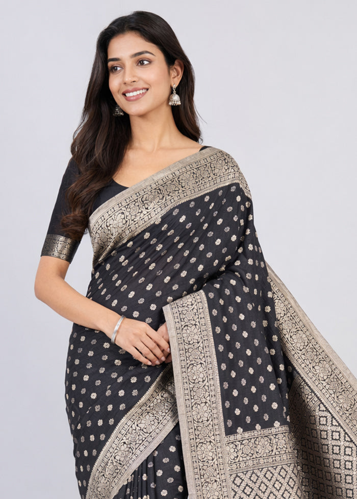 Black Handloom Dupion Pure Silk Saree With Blouse Piece