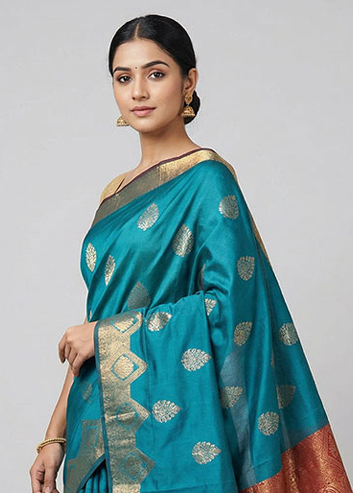 Blue Kanjivaram Silk Saree With Blouse Piece