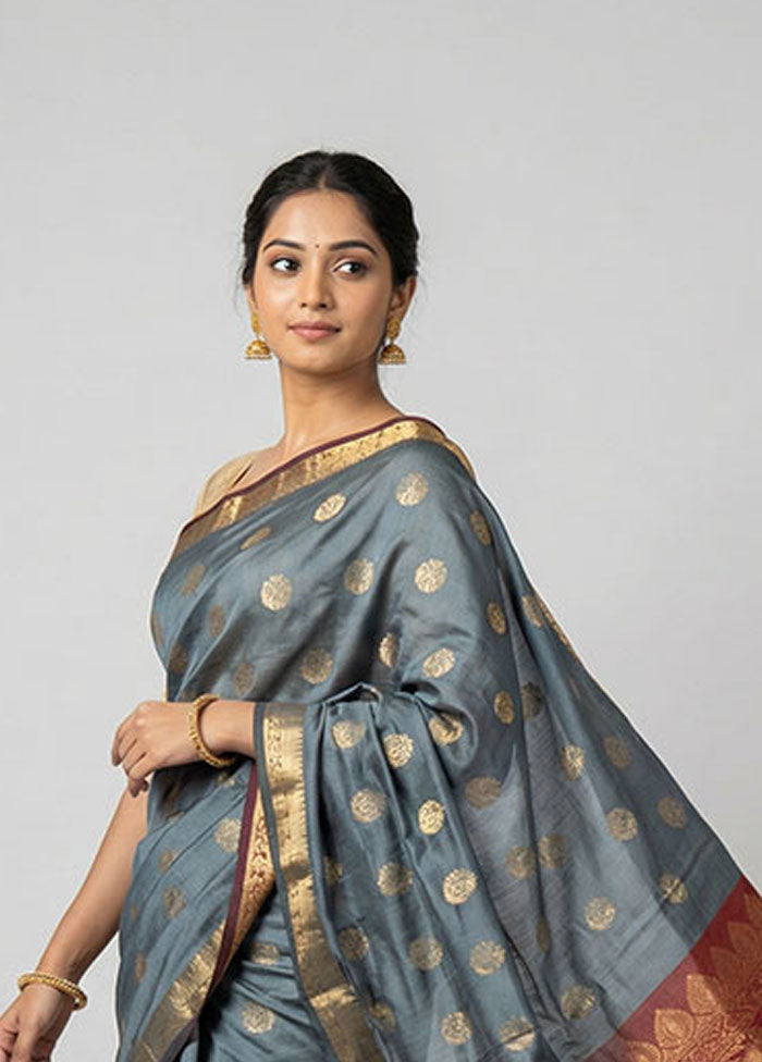 Grey Kanjivaram Silk Saree With Blouse Piece