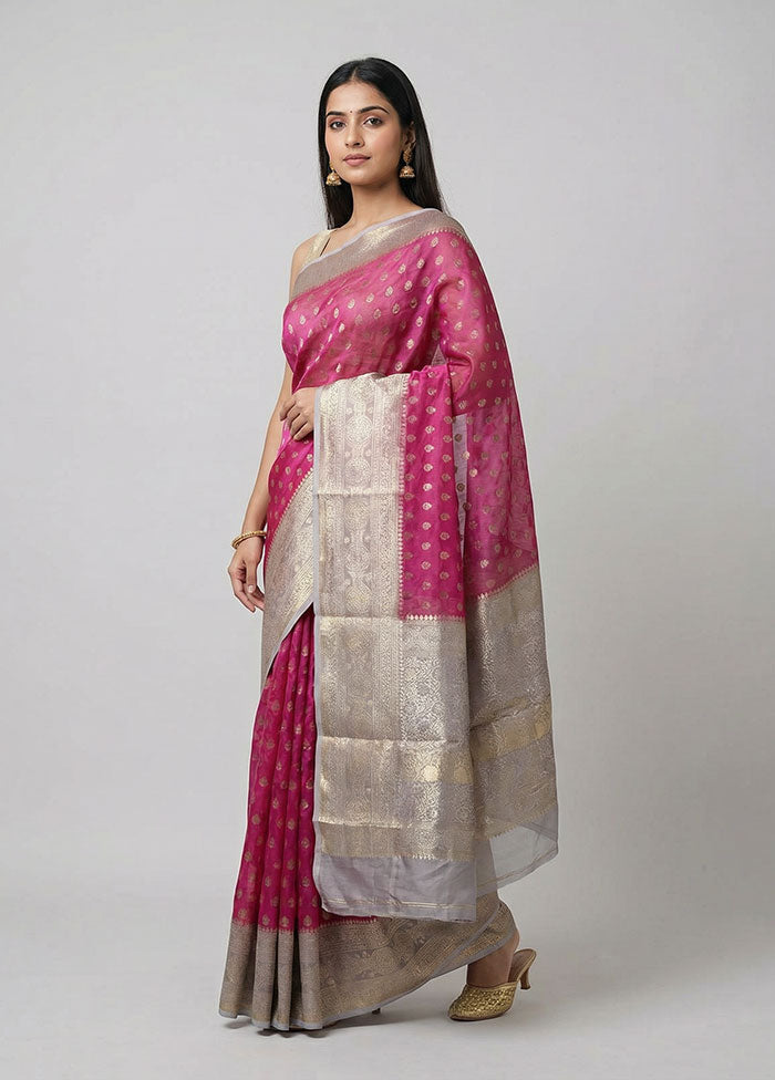 Pink Handloom Kora Pure Silk Saree With Blouse Piece