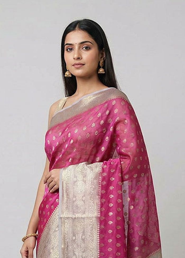 Pink Handloom Kora Pure Silk Saree With Blouse Piece