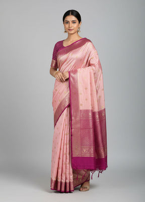 Pink Handloom Dupion Pure Silk Saree With Blouse Piece