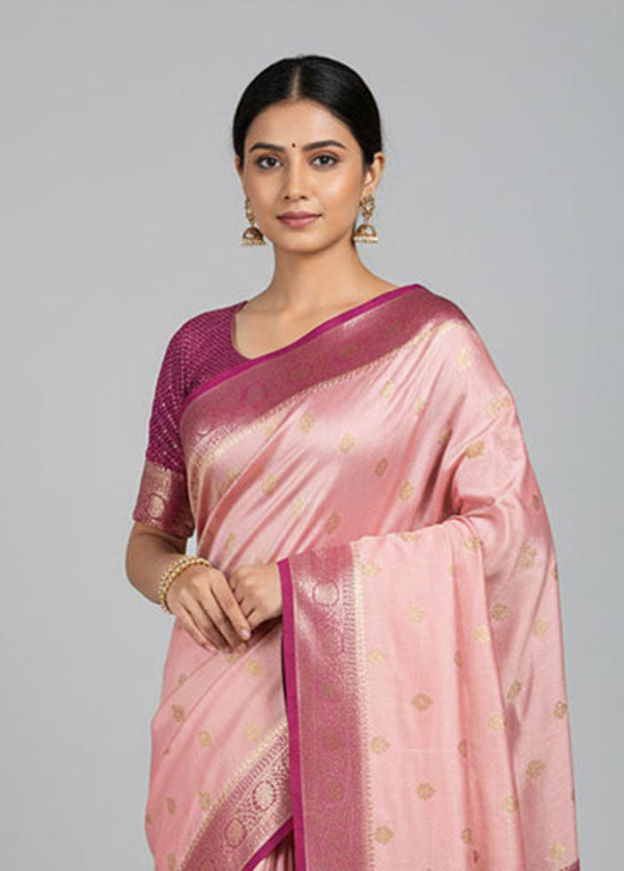 Pink Handloom Dupion Pure Silk Saree With Blouse Piece
