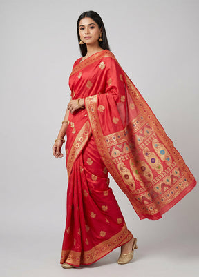 Pink Handloom Baluchari Pure Silk Saree With Blouse Piece