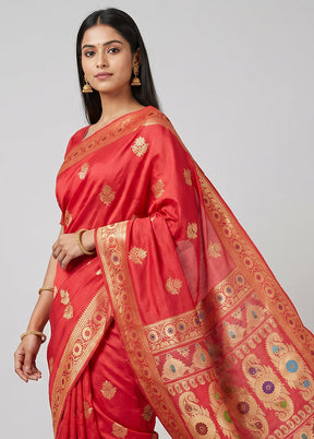 Pink Handloom Baluchari Pure Silk Saree With Blouse Piece