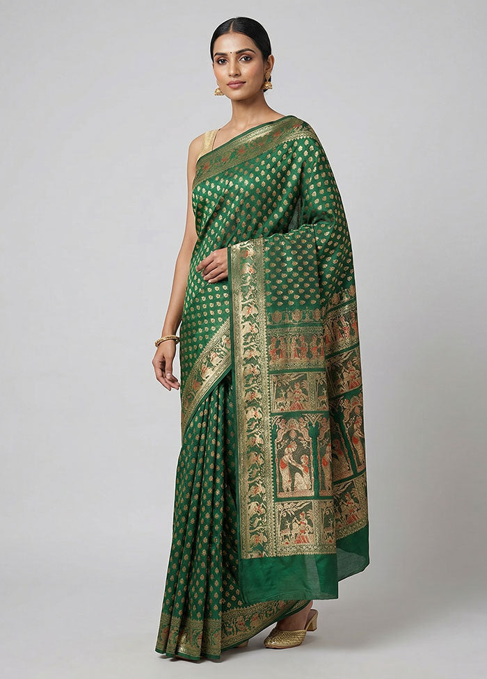 Green Handloom Baluchari Pure Silk Saree With Blouse Piece