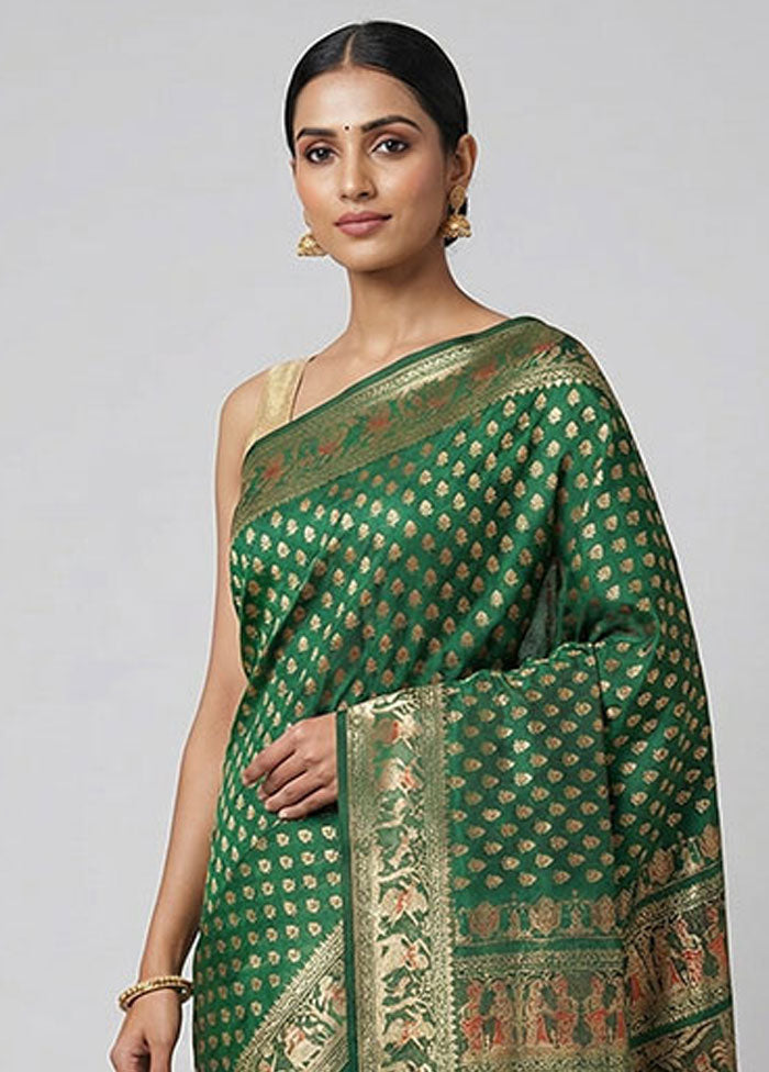Green Handloom Baluchari Pure Silk Saree With Blouse Piece