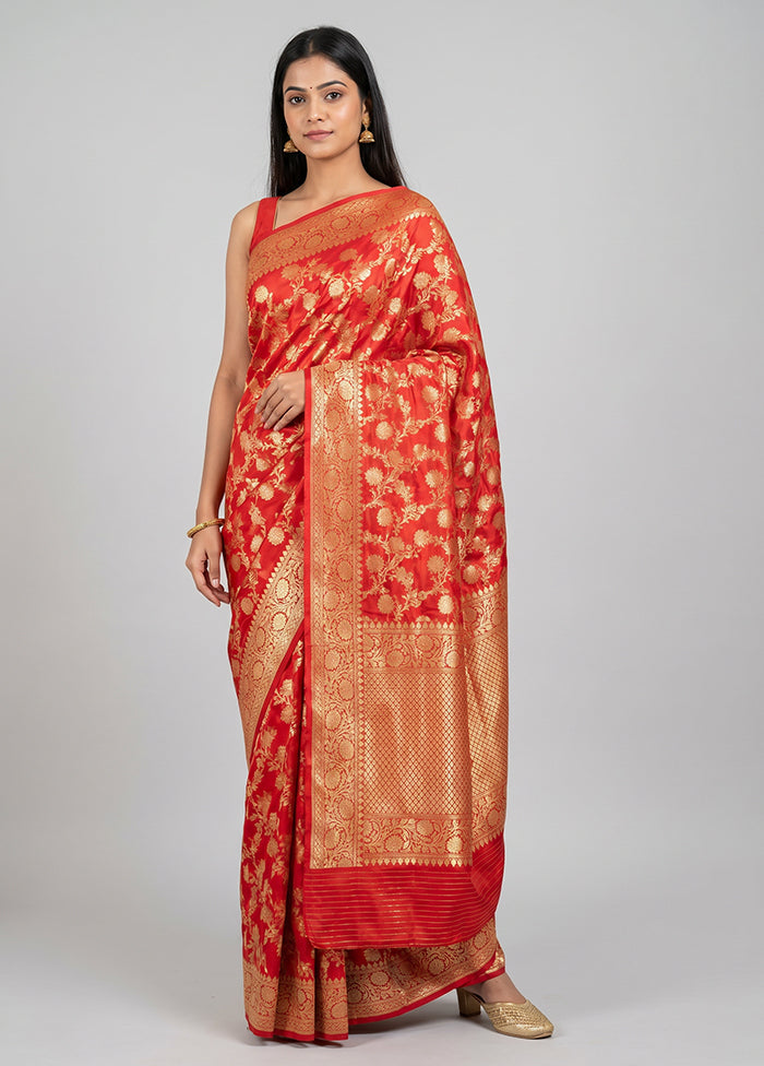 Red Handloom Katan Pure Silk Saree With Blouse Piece