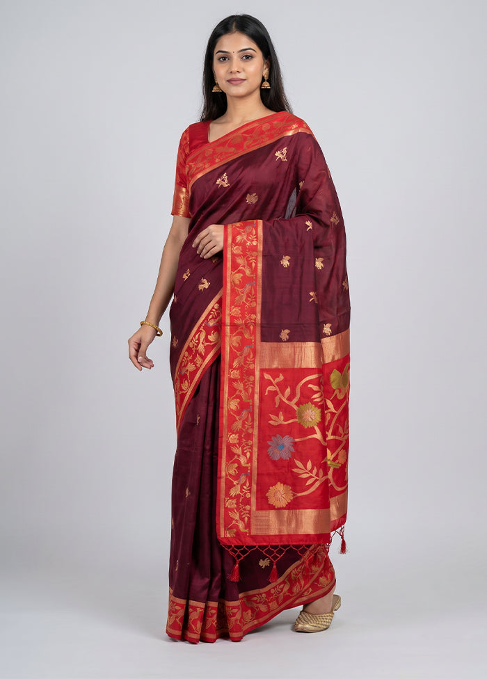 Maroon Dupion Silk Saree With Blouse Piece