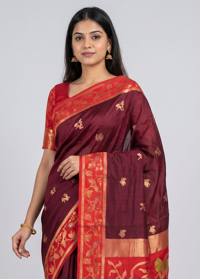 Maroon Dupion Silk Saree With Blouse Piece