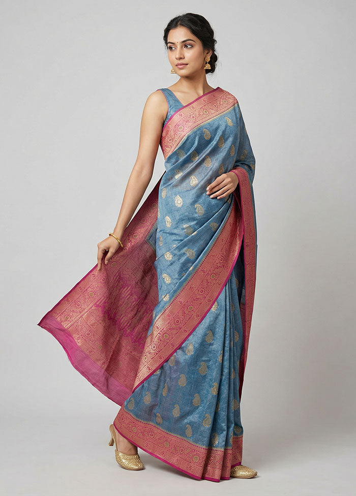 Blue Dupion Silk Saree With Blouse Piece