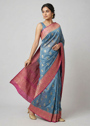 Blue Dupion Silk Saree With Blouse Piece