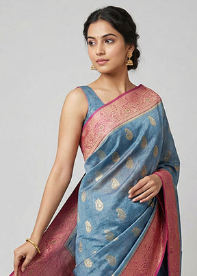 Blue Dupion Silk Saree With Blouse Piece