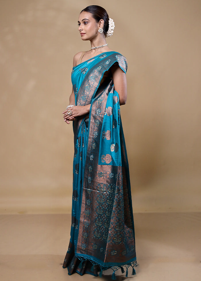 Blue Dupion Silk Saree With Blouse Piece
