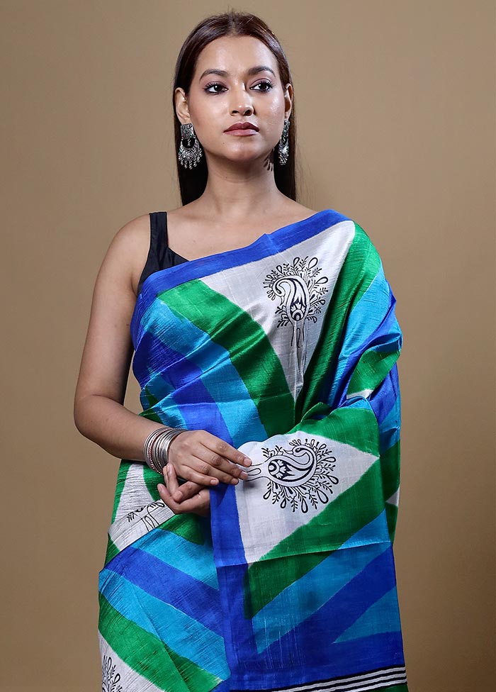 Blue Printed Pure Silk Saree Without Blouse Piece
