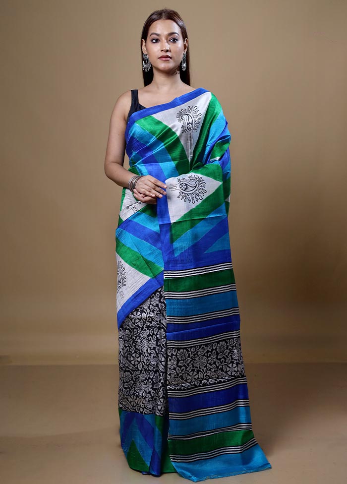 Blue Printed Pure Silk Saree Without Blouse Piece