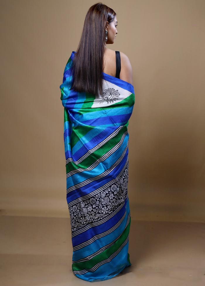 Blue Printed Pure Silk Saree Without Blouse Piece
