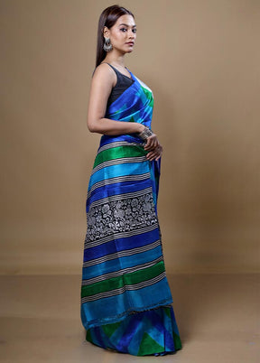 Blue Printed Pure Silk Saree Without Blouse Piece
